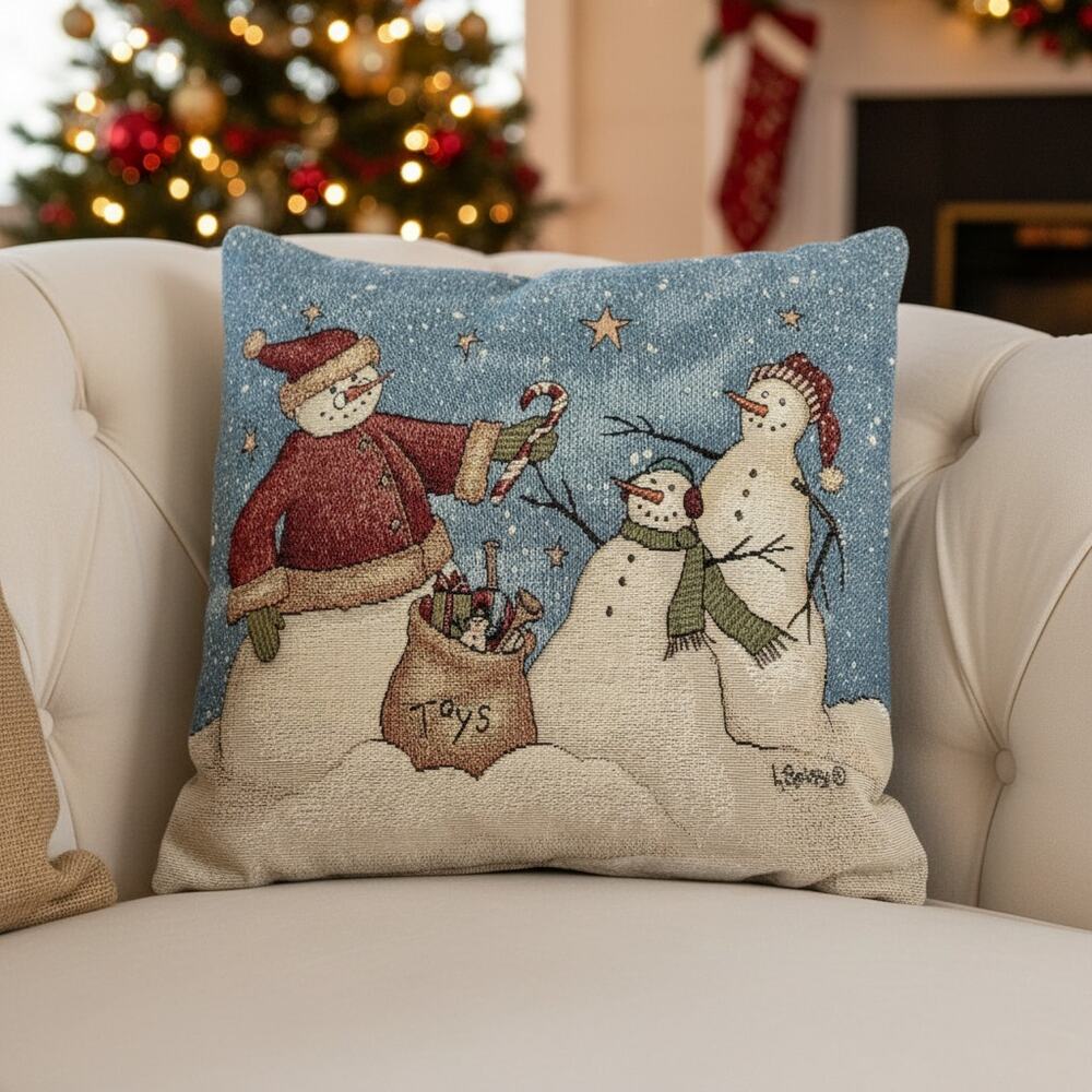 Vintage Snowman Tapestry Pillow-Christmas Folk Art-Holiday Decor-Winter-Seasonal